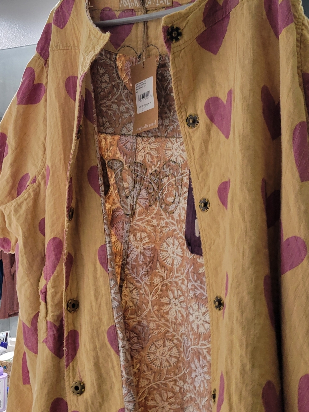 Magnolia Pearl Mustard Trench Coat with Pink Heart Print